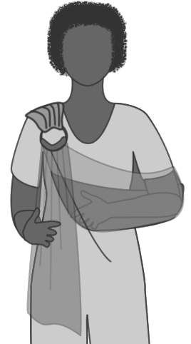Line drawing of a person holding a ring sling with rings in one hand and the fabric in the other