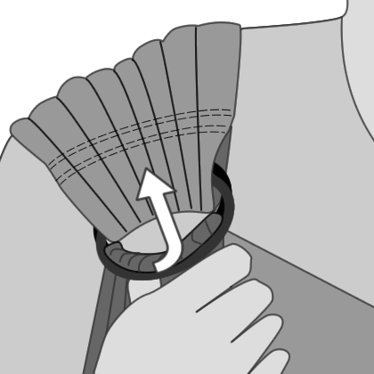 Line drawing of ring sling shoulder. A person's thumb is under the bottom ring, lifting it up.