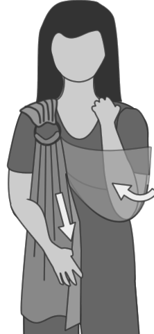 Line drawing of a person holding a ring sling with rings in one hand and the fabric in the other