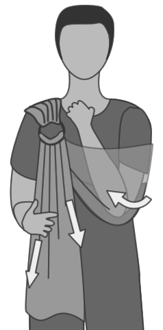 Line drawing of person wearing ring sling, with left arm inside the pouch of the sling in order to tighten the fabric around the arm