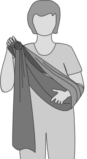 Line drawing of person holding threaded ring sling with rings in right hand, left hand going through the looped fabric