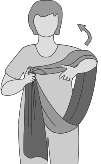 Line drawing of person holding threaded ring sling with rings in right hand, left hand and arm going through the loop to draw it over the head.