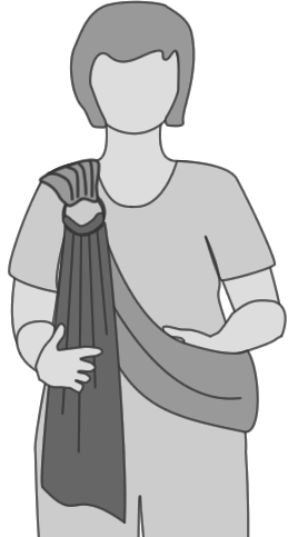Line drawing of person with loose ring sling resting on shoulder, rings at about collarbone level