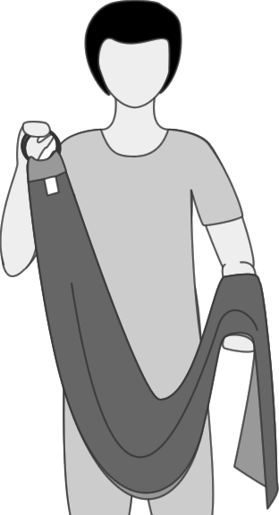 Line drawing of a person holding a ring sling with rings in one hand and the fabric in the other
