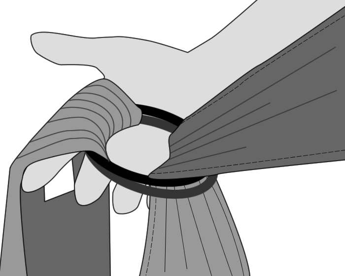 Line drawing of sling fabric being drawn up through both sling rings